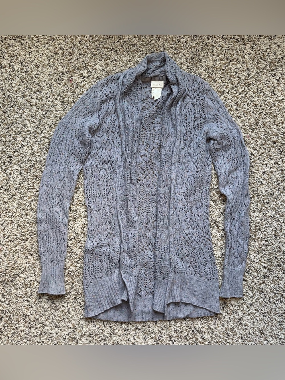 Matilda Jane XS Gray Pointelle Lace Open Front Cardigan Confetti Tweed Knit